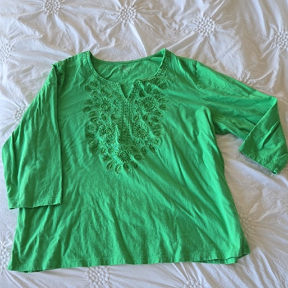 Green Embroidered Long Sleeve Tee